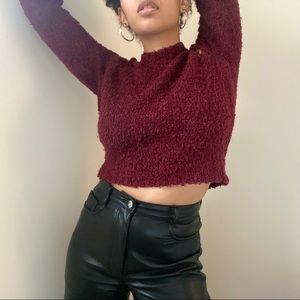 Forever 21 burgundy red fuzzy cropped sweater with cut outs